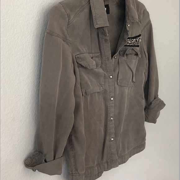 H&M Beaded Olive Military Button Down Shirt - Picture 6 of 8